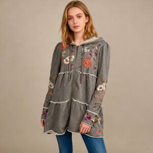 NWOT Johnny Was Acacia Floral Embroidered Full Zip Tiered Hoodie Sweatshirt S